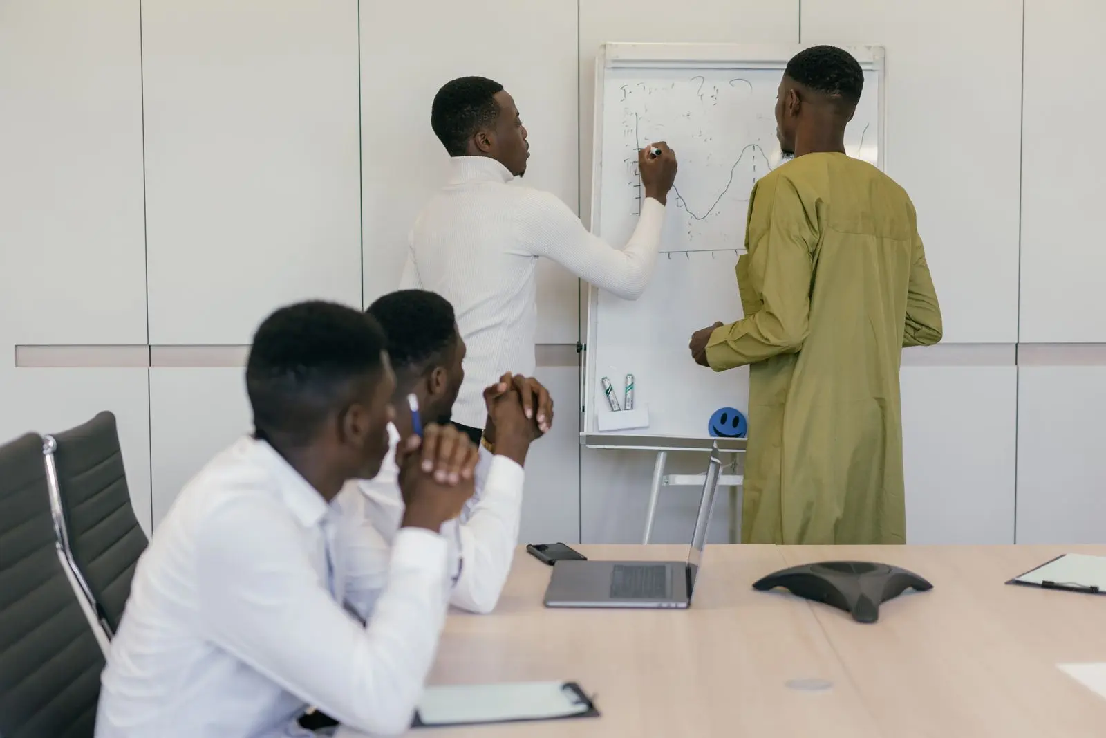 A team working through a plan at a whiteboard