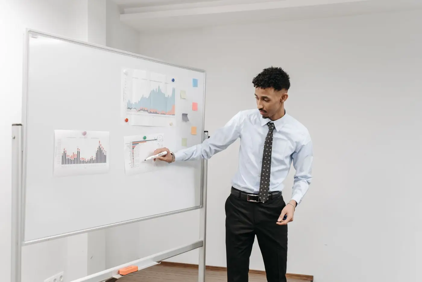 A project lead presenting charts on a whiteboard